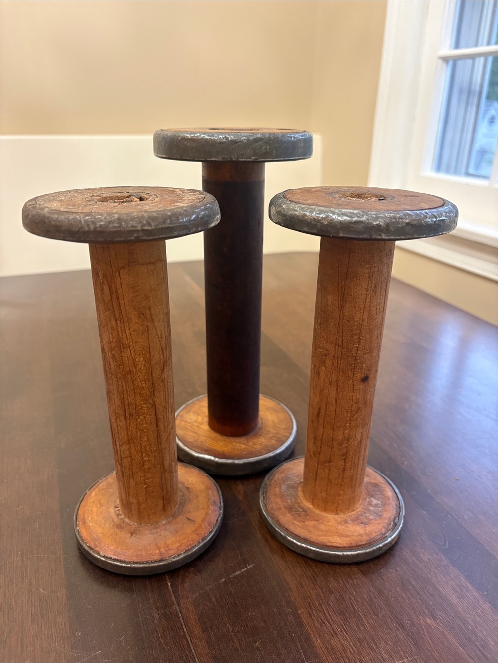Vintage Industrial Wood Thread Spools - Rustic Brown & Metal
